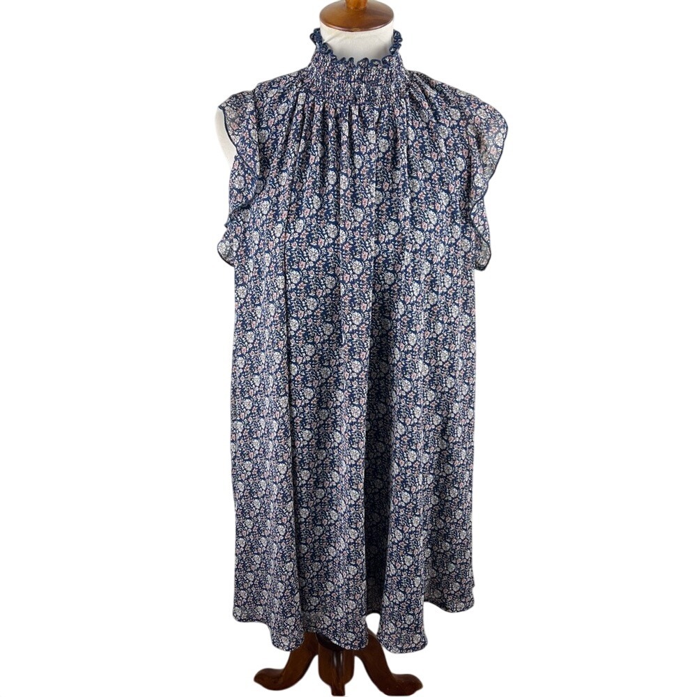 Code x Mode Smocked Mock Neck Sleeveless Midi Dress M Blue Floral Lined‎